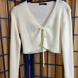 Nasty Gal Cream Ribbed Tie Front Cropped Cardigan Size M